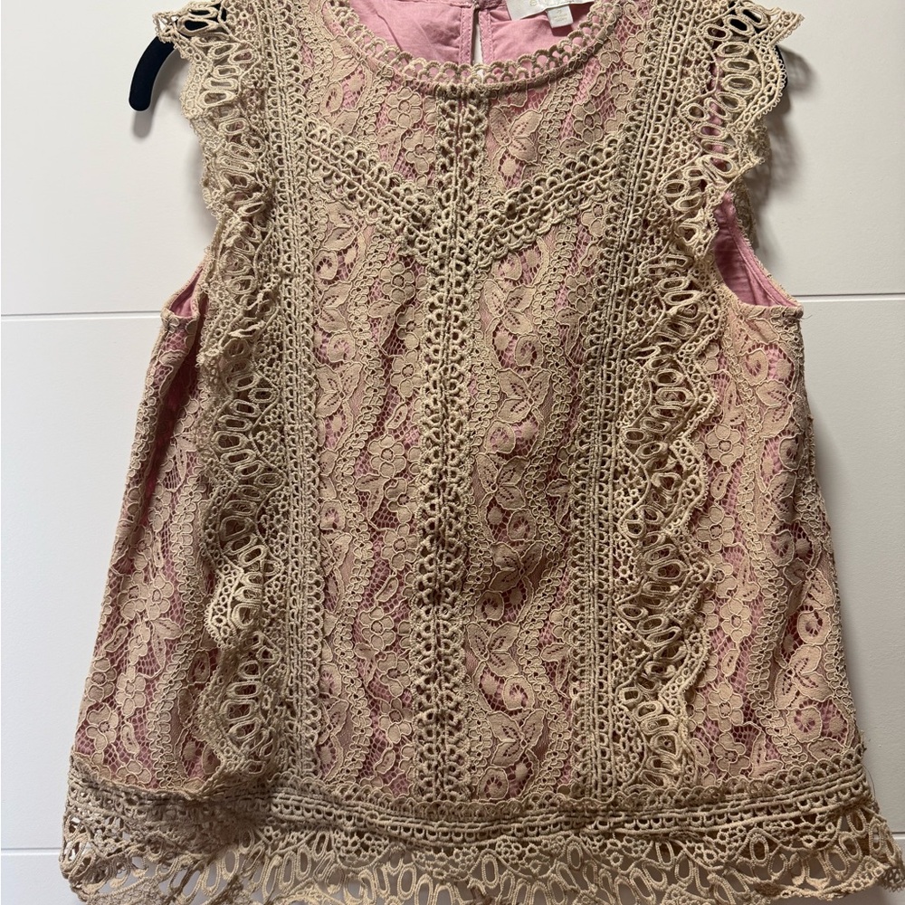 Lace Overlay Sleeveless Blouse in Beige with Pink Lining